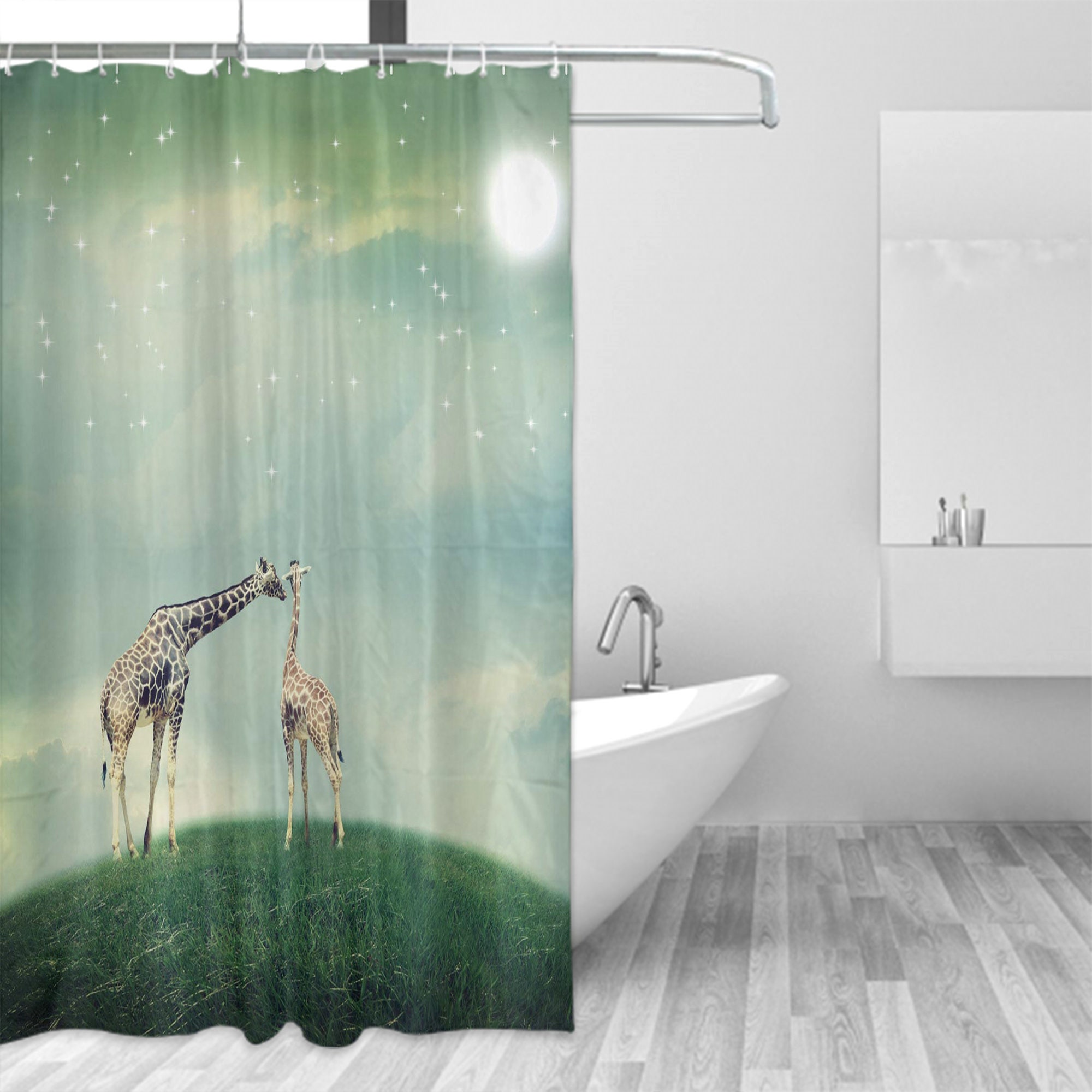 Giraffe Shower Curtain, Mother-Child Animal Print, Romantic Bathroom Decor