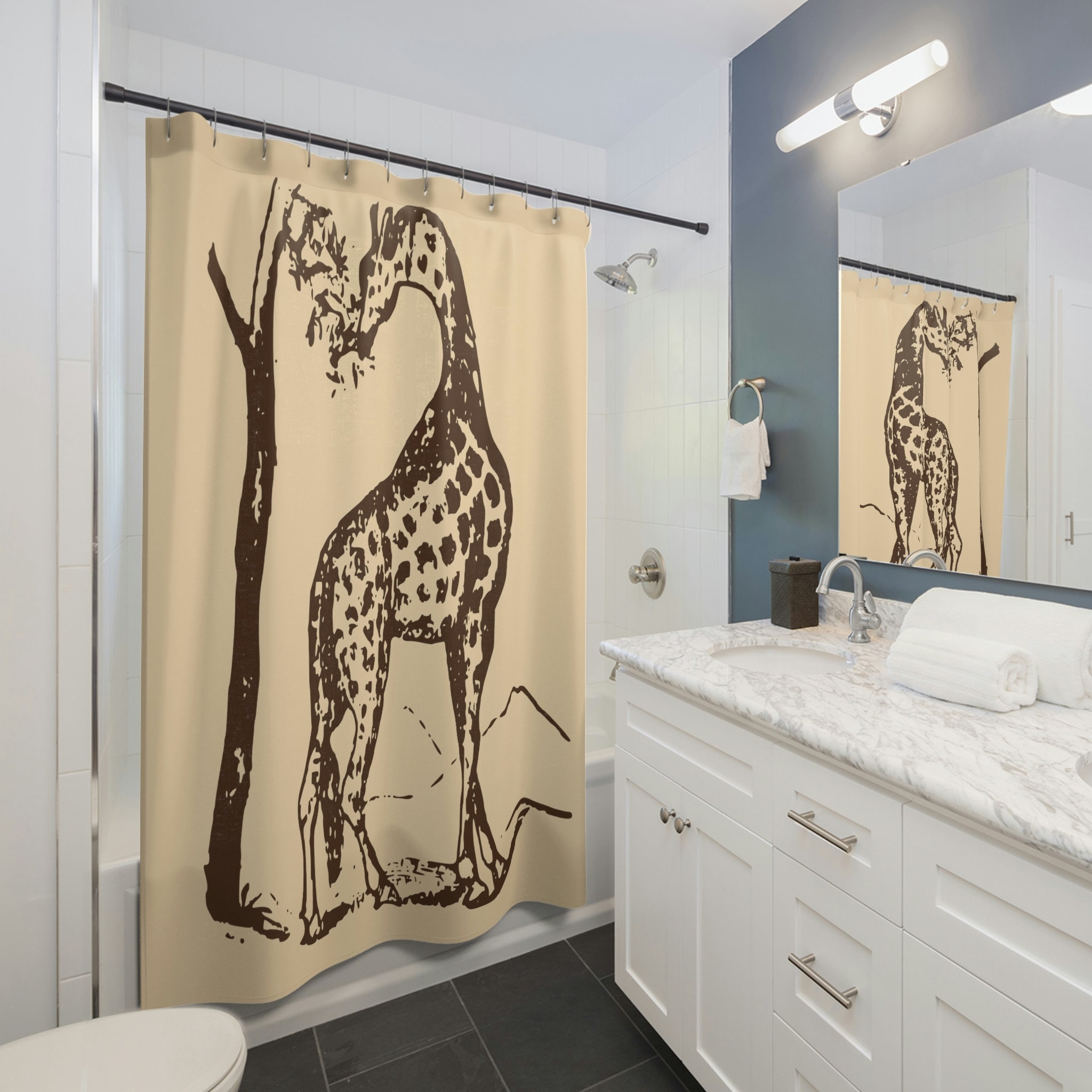 Giraffe Tree Brown Light Biege Shower Curtain For Rustic Bathroom Decor - Image 2