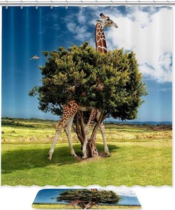 Giraffe Tree Photo Print Shower Curtain With Microfiber Accents, Machine Washable