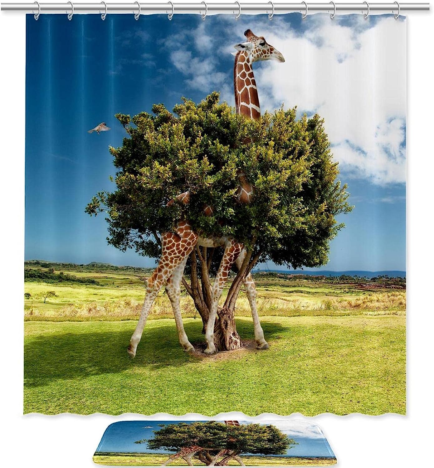 Giraffe Tree Photo Print Shower Curtain With Microfiber Accents, Machine Washable