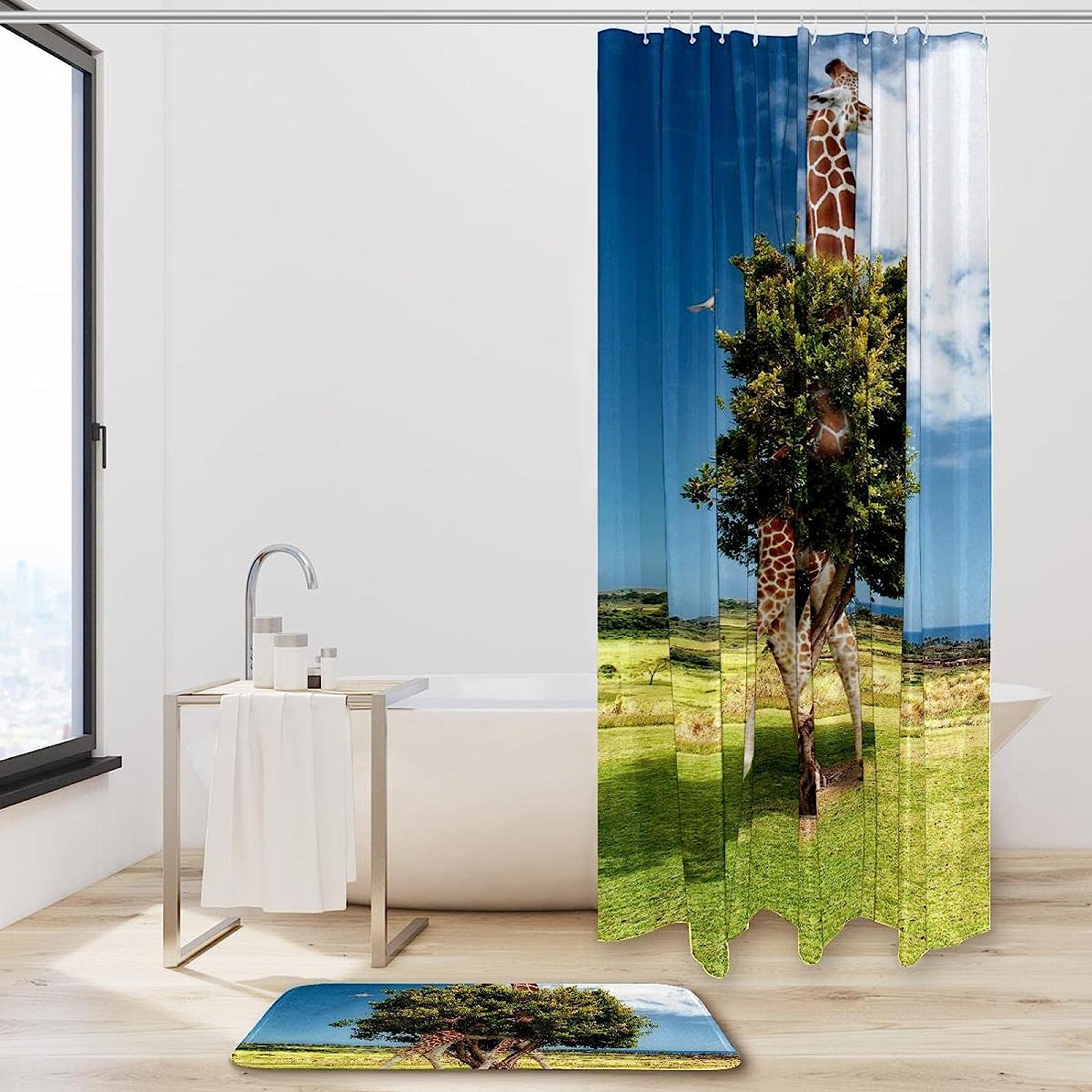 Giraffe Tree Photo Print Shower Curtain With Microfiber Accents, Machine Washable - Image 2