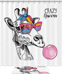 Giraffe Unicorn Shower Curtain, Waterproof Fabric Bathroom Curtain - Unique Design