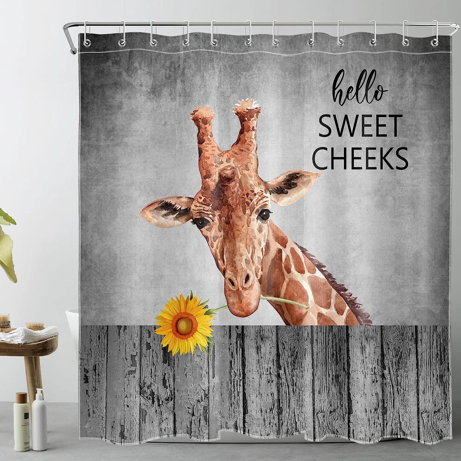 Giraffe Yellow Sunflower Vintage Fence Funny Shower Curtain - Farmhouse Bathroom Decor