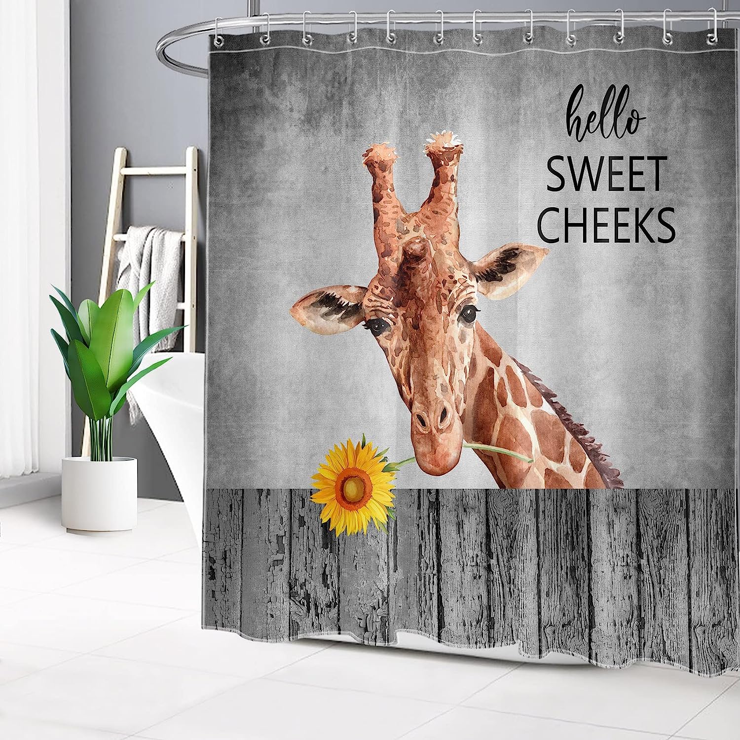 Giraffe Yellow Sunflower Vintage Fence Funny Shower Curtain - Farmhouse Bathroom Decor