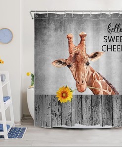 Giraffe Yellow Sunflower Vintage Fence Funny Shower Curtain - Farmhouse Bathroom Decor