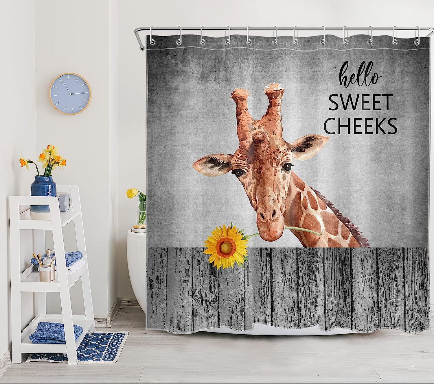 Giraffe Yellow Sunflower Vintage Fence Funny Shower Curtain - Farmhouse Bathroom Decor