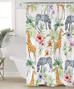 Giraffe Zebra Palm Leaves and Red Flowers Shower Curtain for Animal and Nature Inspired Bathroom Decor