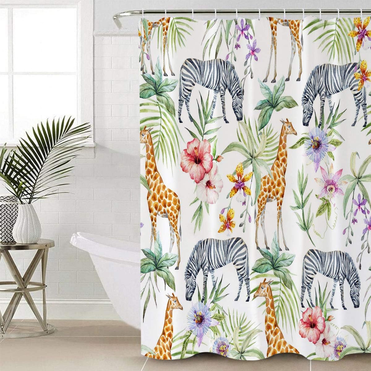 Giraffe Zebra Palm Leaves and Red Flowers Shower Curtain for Animal and Nature Inspired Bathroom Decor