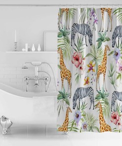 Giraffe Zebra Palm Leaves and Red Flowers Shower Curtain for Animal and Nature Inspired Bathroom Decor