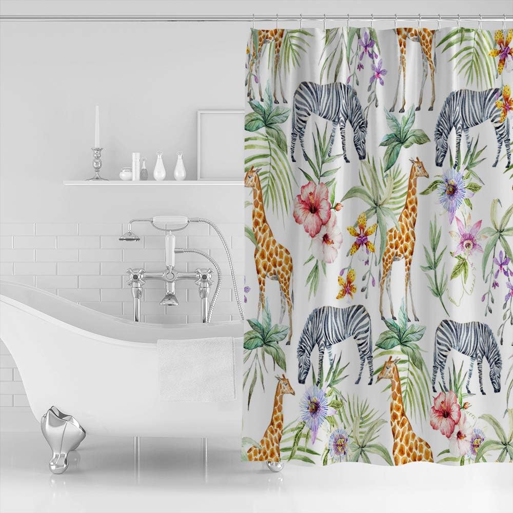 Giraffe Zebra Palm Leaves and Red Flowers Shower Curtain for Animal and Nature Inspired Bathroom Decor
