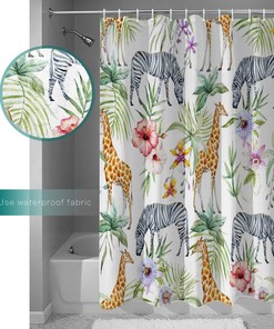 Giraffe Zebra Palm Leaves and Red Flowers Shower Curtain for Animal and Nature Inspired Bathroom Decor