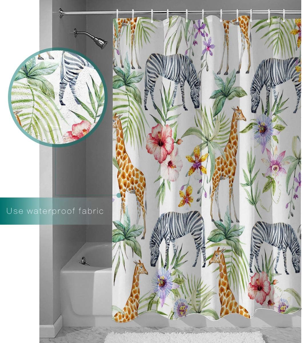 Giraffe Zebra Palm Leaves and Red Flowers Shower Curtain for Animal and Nature Inspired Bathroom Decor