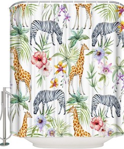 Giraffe Zebra Palm Leaves and Red Flowers Shower Curtain for Animal and Nature Inspired Bathroom Decor