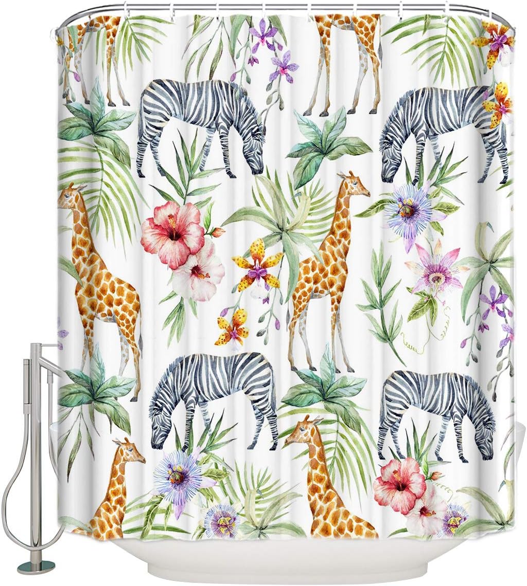 Giraffe Zebra Palm Leaves and Red Flowers Shower Curtain for Animal and Nature Inspired Bathroom Decor
