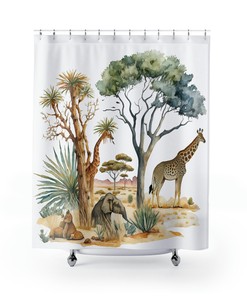 Giraffe and Elephant Safari Design Fabric Shower Curtain for Bathroom Decor
