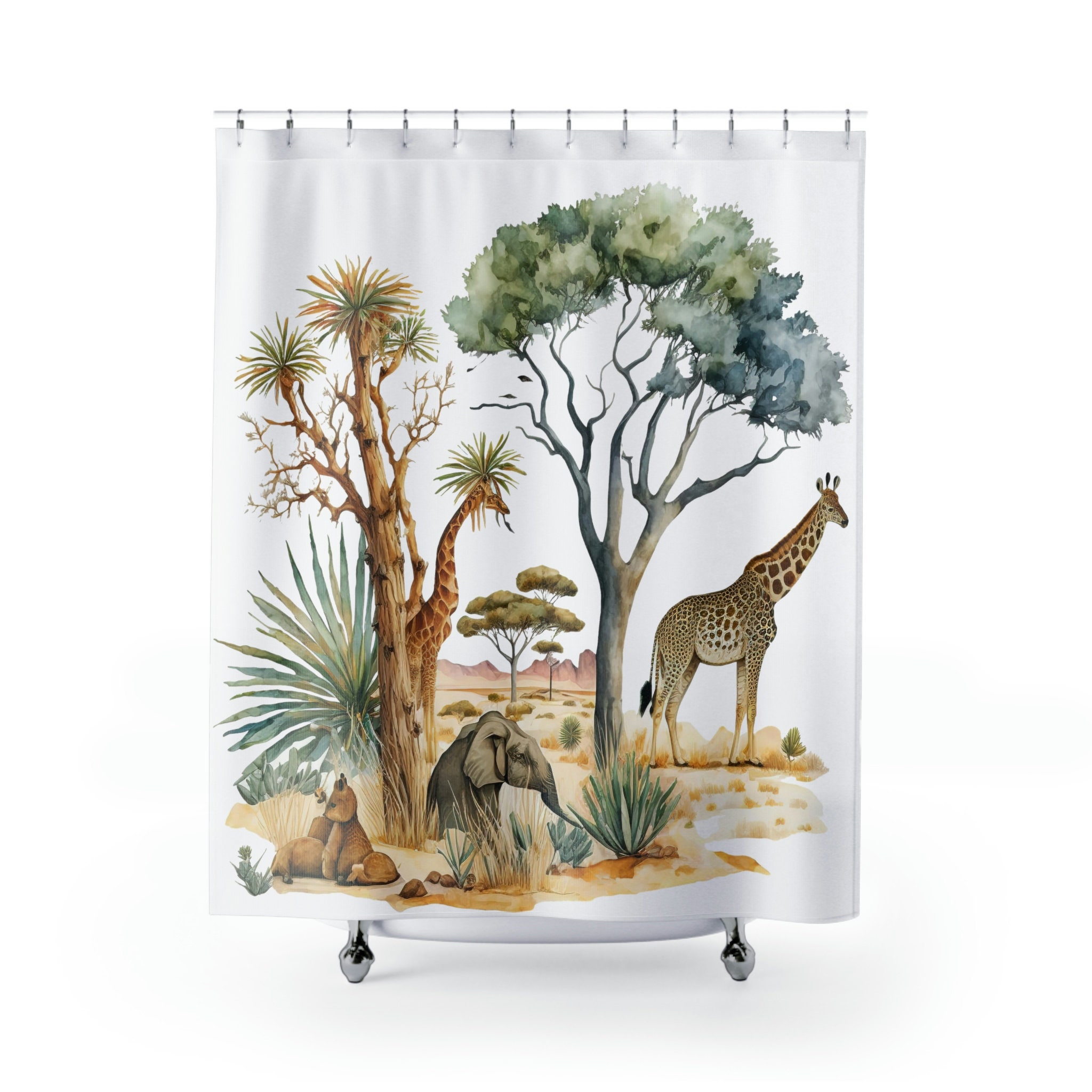 Giraffe and Elephant Safari Design Fabric Shower Curtain for Bathroom Decor