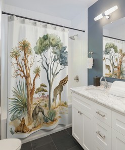 Giraffe and Elephant Safari Design Fabric Shower Curtain for Bathroom Decor