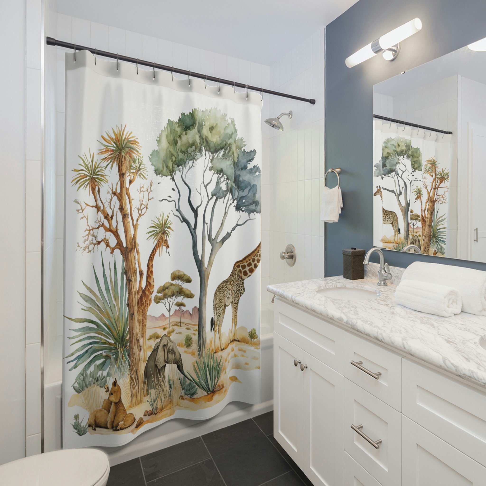Giraffe and Elephant Safari Design Fabric Shower Curtain for Bathroom Decor