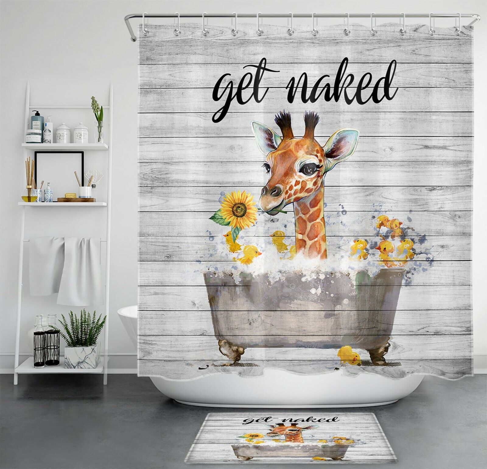 Giraffe and Sunflower Rustic Board Shower Curtain for Bathroom Decor