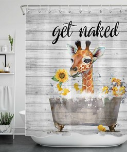 Giraffe and Sunflower Rustic Board Shower Curtain for Bathroom Decor