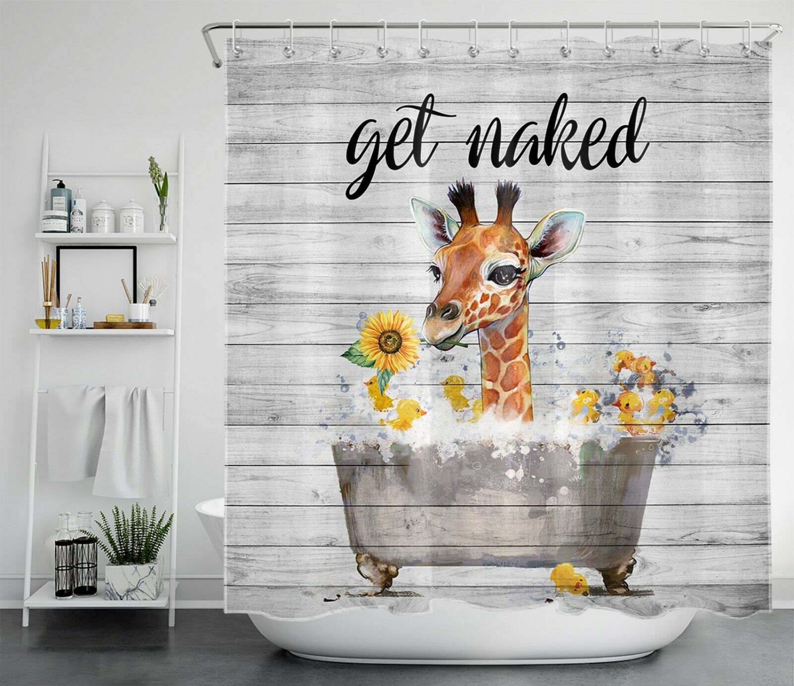 Giraffe and Sunflower Rustic Board Shower Curtain for Bathroom Decor