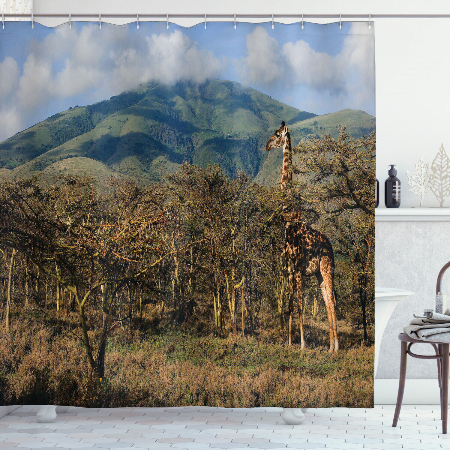 Giraffe and Trees Safari Zoo Animal Print Shower Curtain for Bathroom