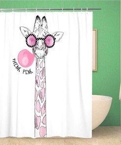 Giraffe in Pink Glasses Blowing Bubble Gum Hipster Style Animal Shower Curtain, Waterproof Bathroom Decor Curtain