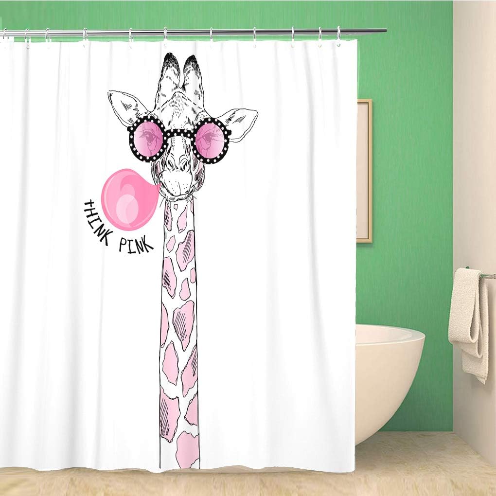 Giraffe in Pink Glasses Blowing Bubble Gum Hipster Style Animal Shower Curtain, Waterproof Bathroom Decor Curtain