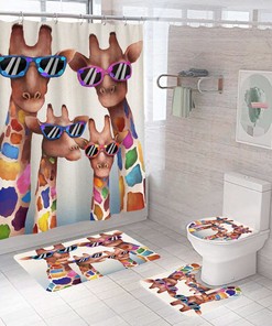 Giraffes Family Shower Curtain, Cute Animal Print - Waterproof Bathroom Curtain