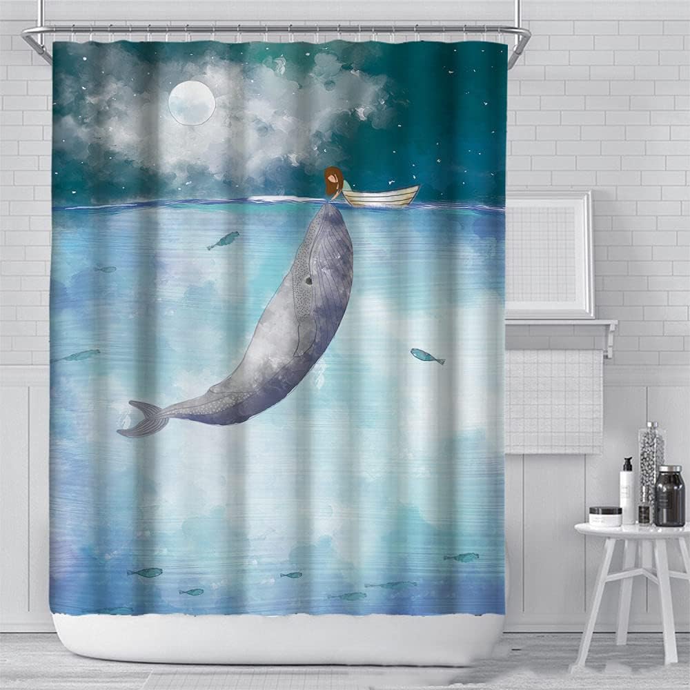 Girl and Whale Waterproof Shower Curtain - Fun Bathroom Curtain with Cute Whale Print and Durable Fabric