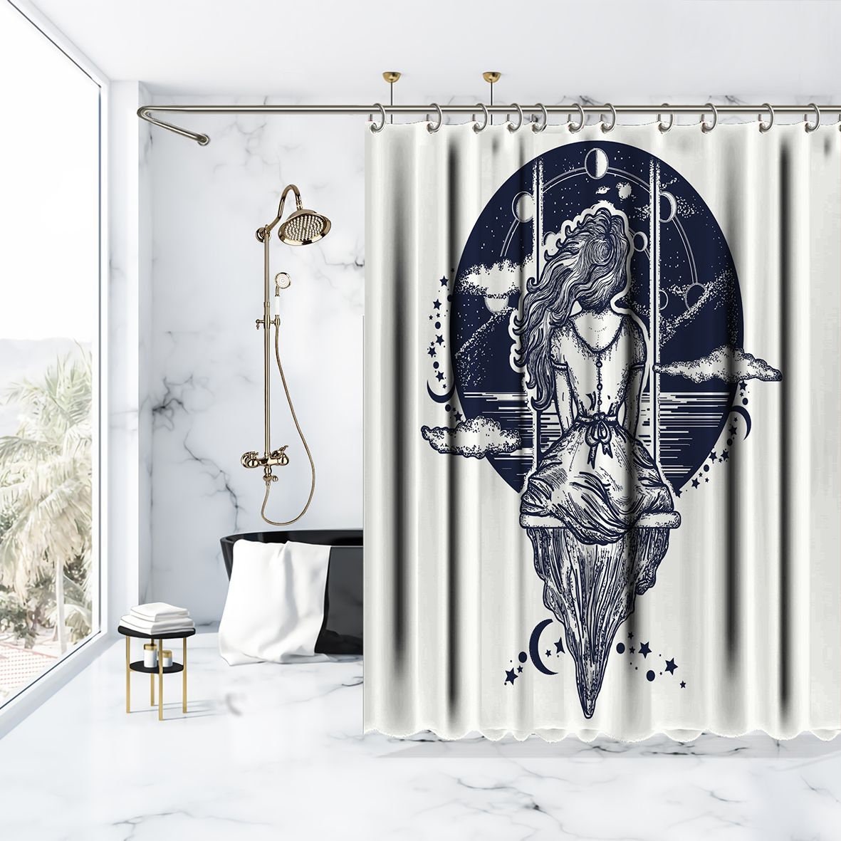 Girl on Swing with Moon Shower Curtain for Playful Bathroom Decor