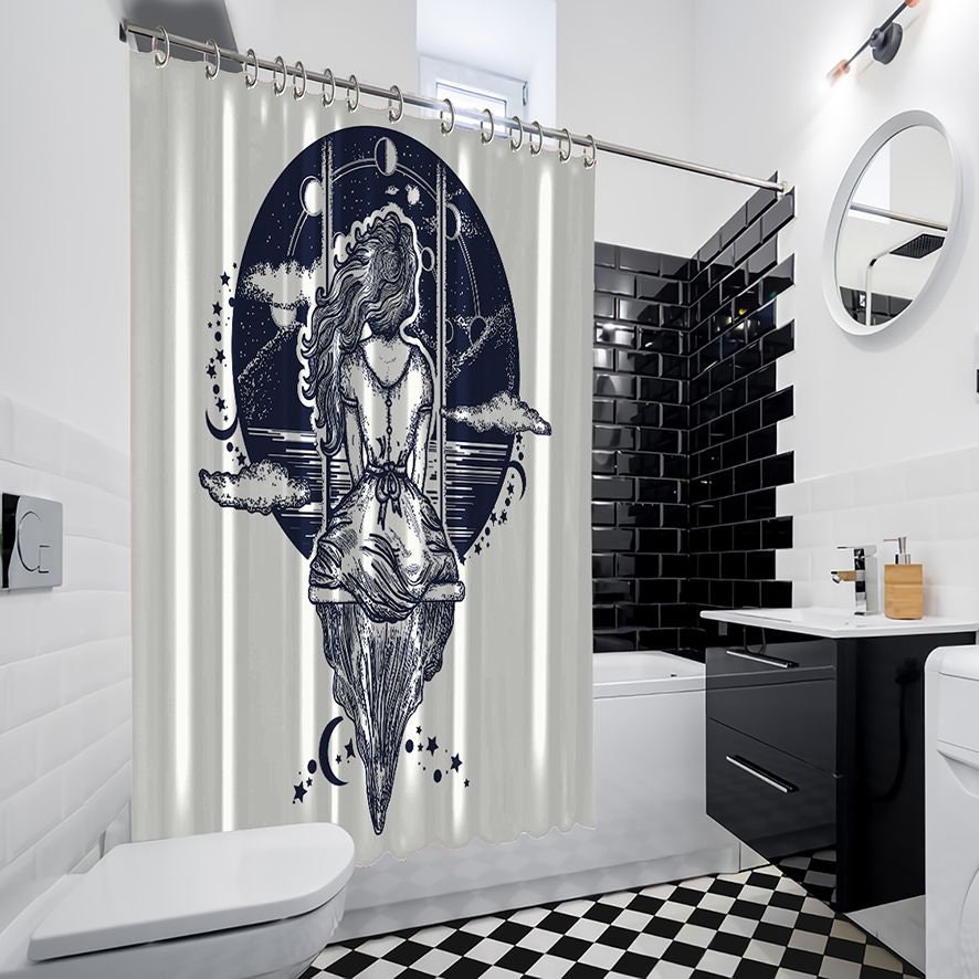 Girl on Swing with Moon Shower Curtain for Playful Bathroom Decor