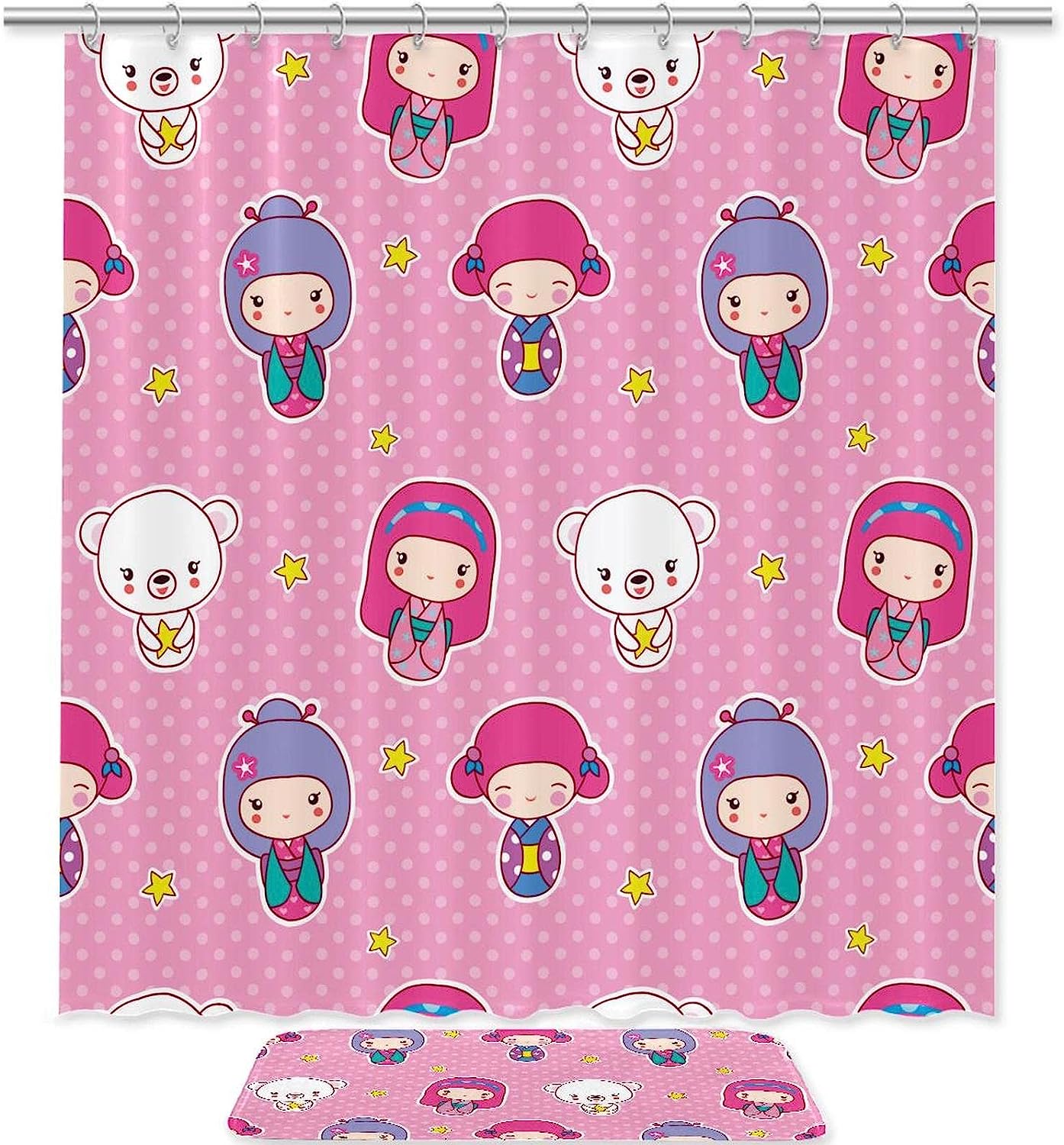 Girls Bathroom Gets the Perfect Look with Pink Bear and Star Shower Curtain