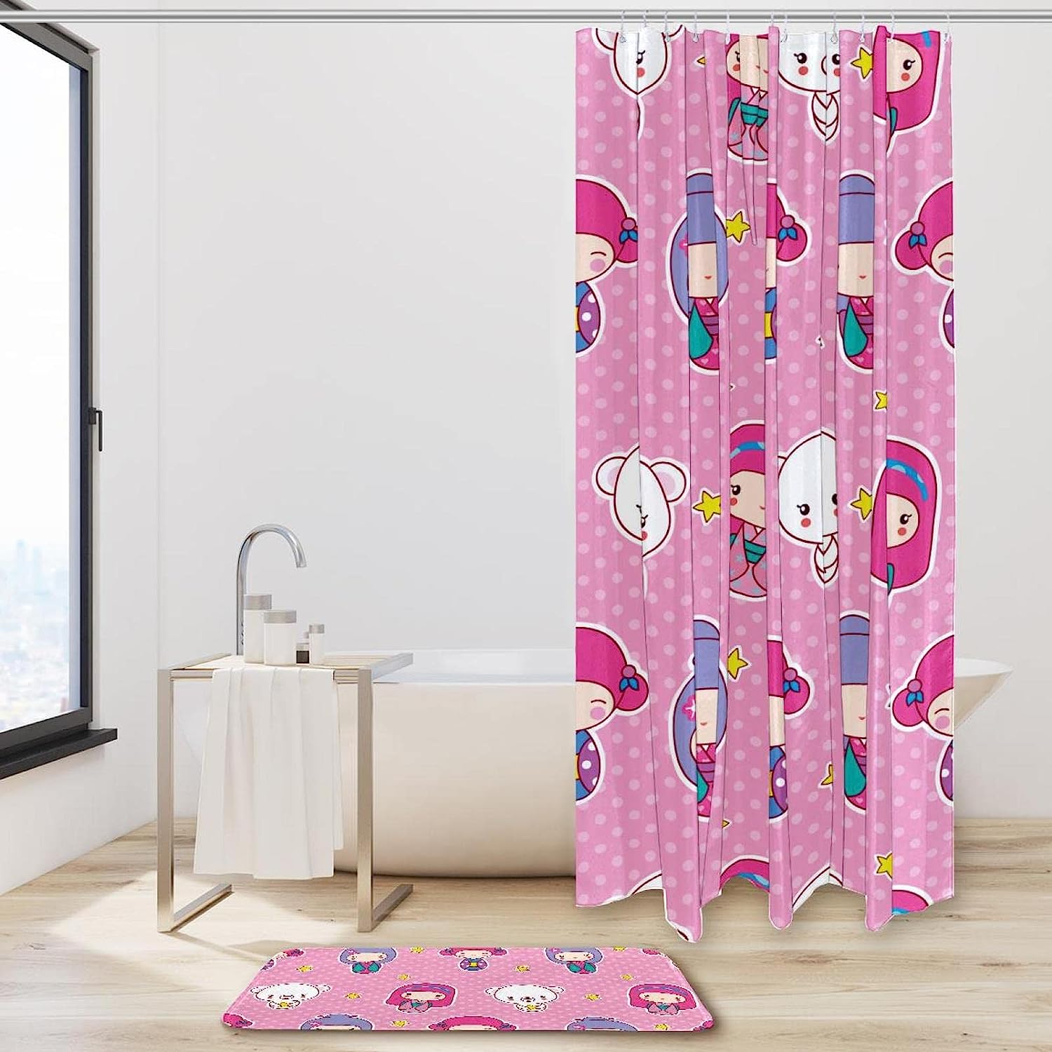 Girls Bathroom Gets the Perfect Look with Pink Bear and Star Shower Curtain