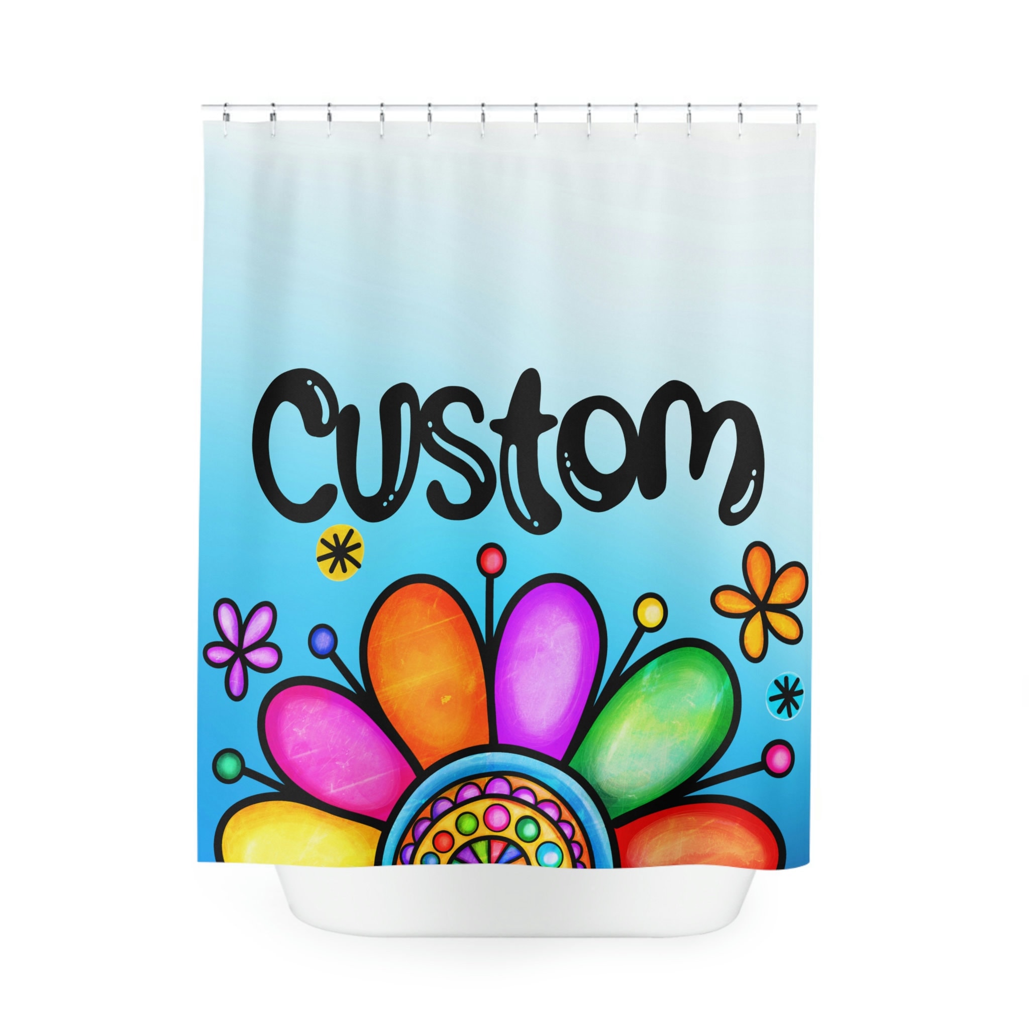 Girly Boho Flower Shower Curtain With Custom Name, Personalized Floral Bathroom Decor