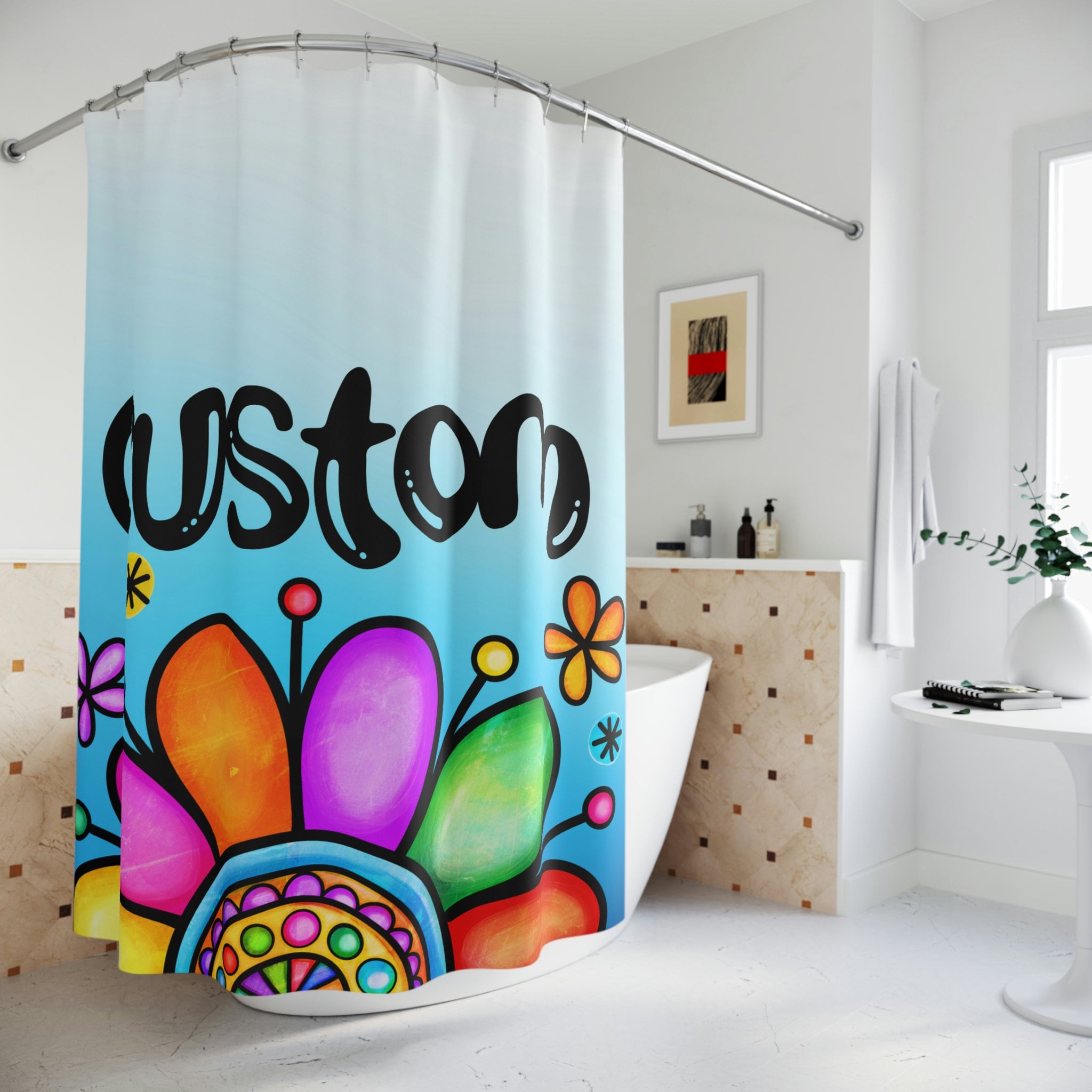 Girly Boho Flower Shower Curtain With Custom Name, Personalized Floral Bathroom Decor - Image 3