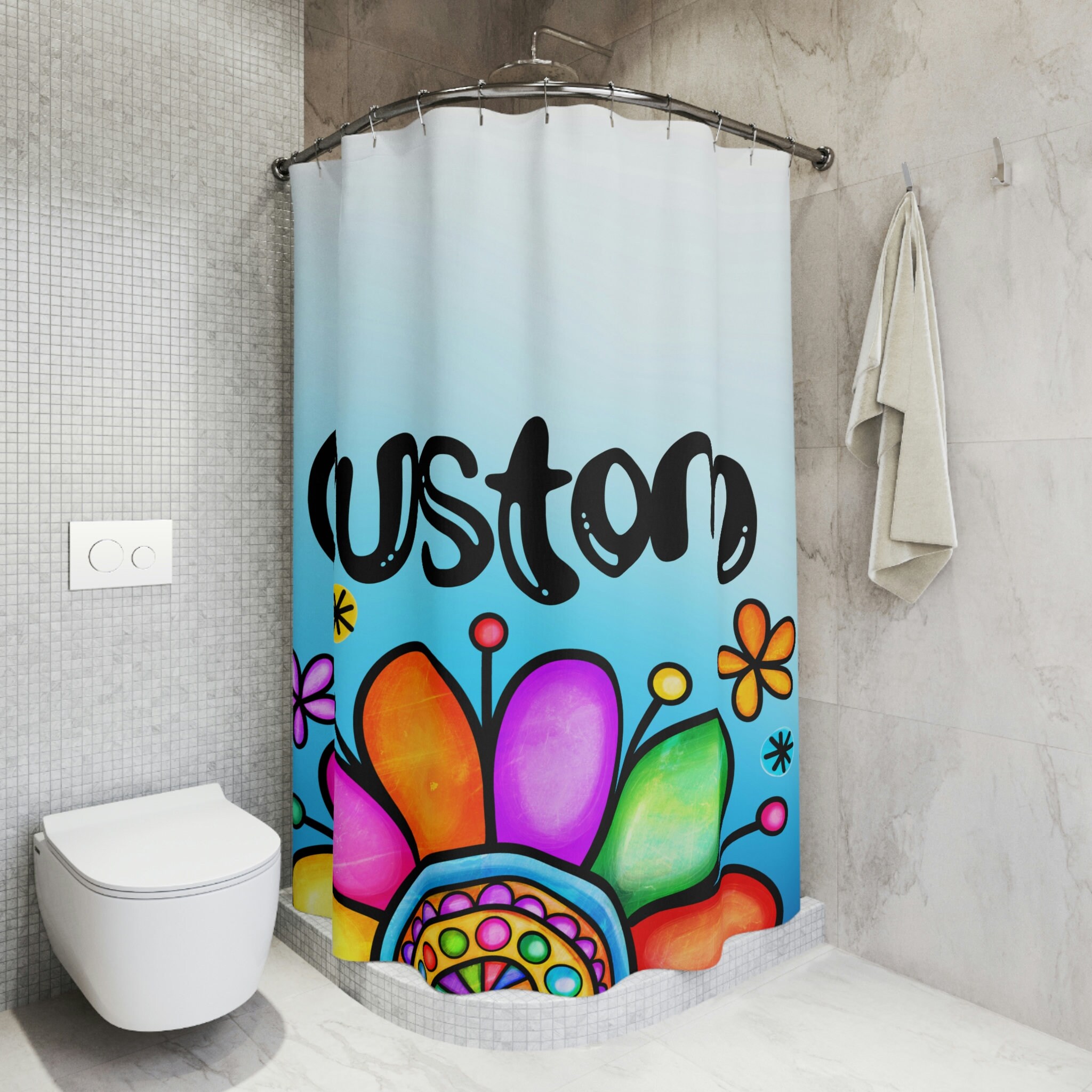 Girly Boho Flower Shower Curtain With Custom Name, Personalized Floral Bathroom Decor - Image 4