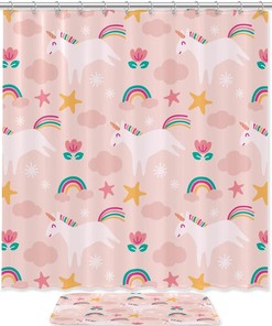 Girly Cartoon Unicorn Rainbow Cloud Floral Shower Curtain Mat For Stylish Bathroom