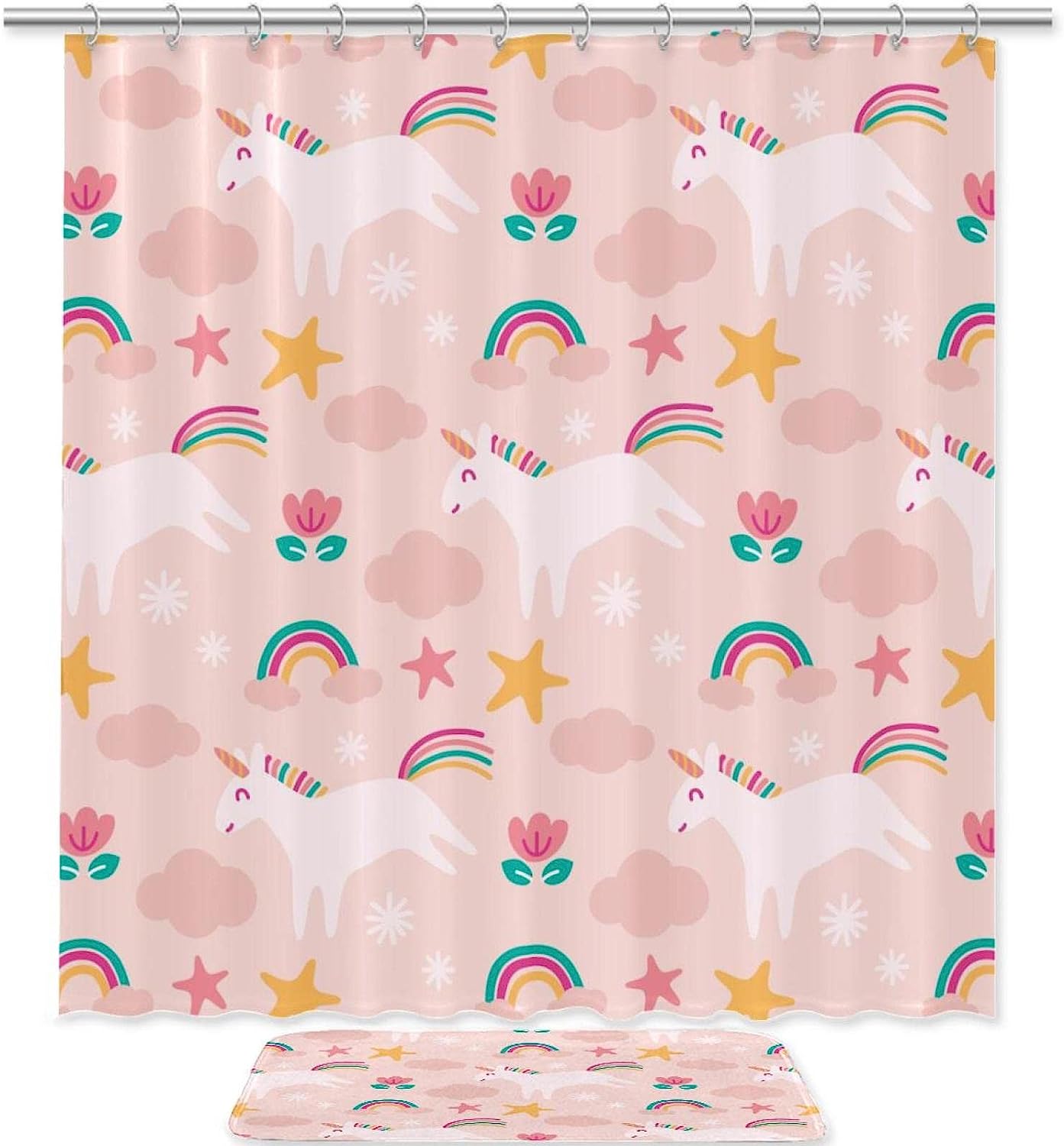 Girly Cartoon Unicorn Rainbow Cloud Floral Shower Curtain Mat For Stylish Bathroom