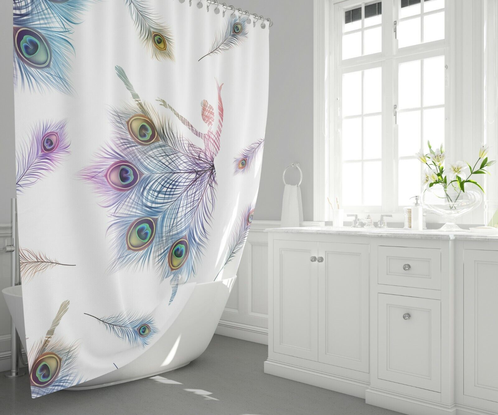 Girly Feathers and Dancing Peacock Shower Curtain