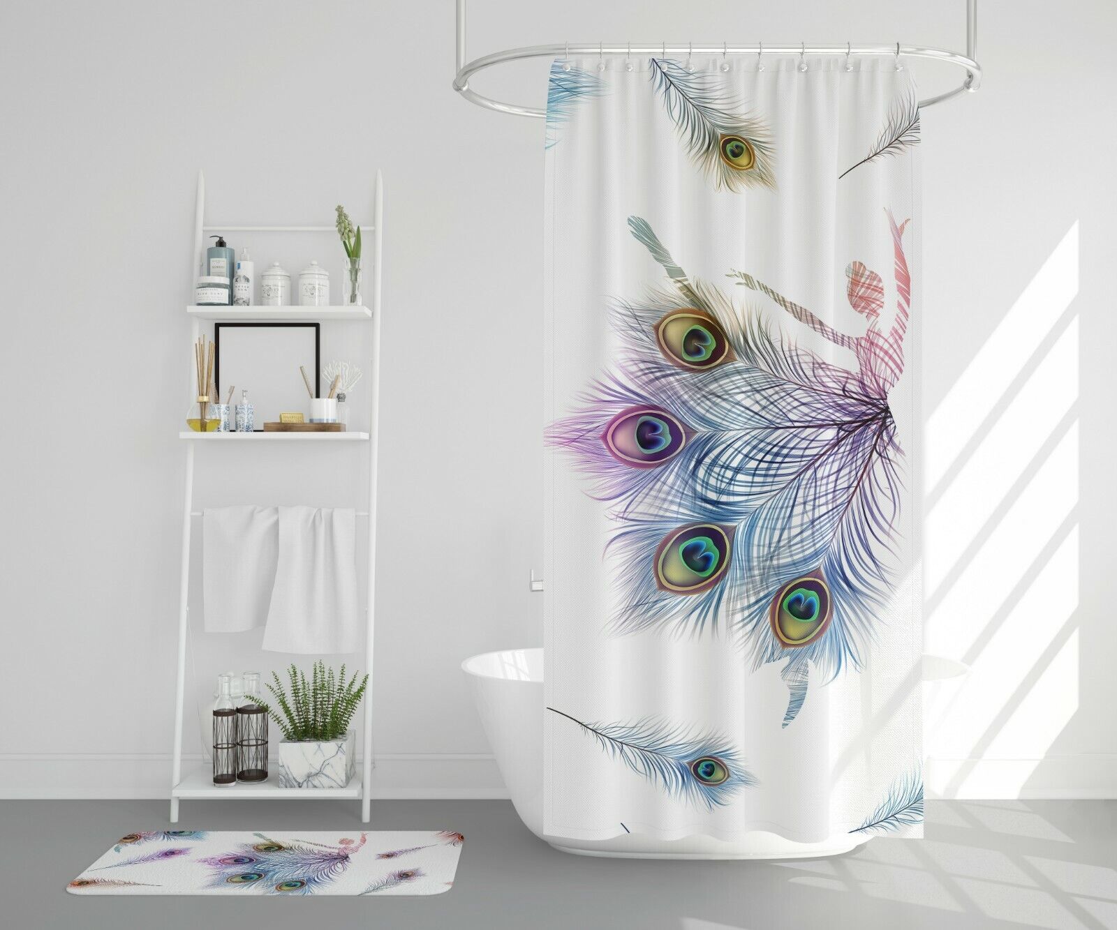 Girly Feathers and Dancing Peacock Shower Curtain