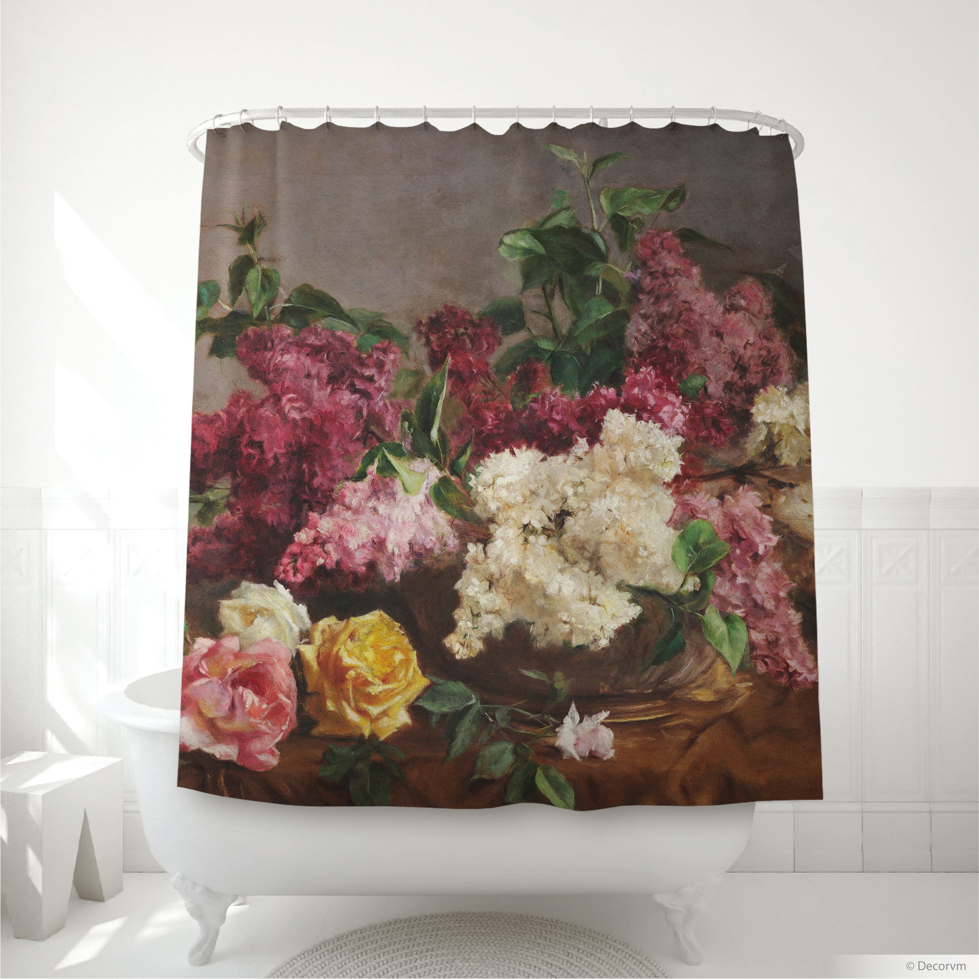 Give Your Bathroom A Feminine Twist With Floral Bouquet Printed Shower Curtain - Roses And Lilacs Art For Your Bathroom