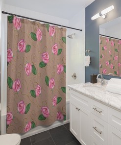 Glamorous Pink Roses with Gold Shower Curtain for a Luxurious and Elegant Bathroom