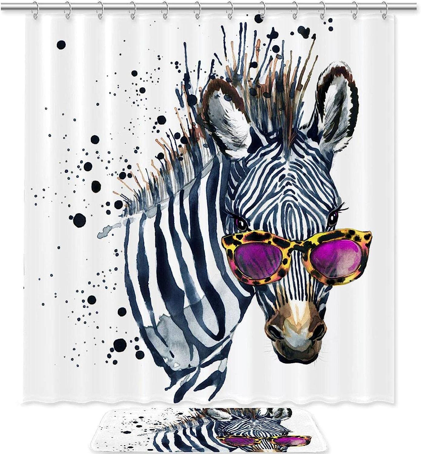 Glasses Zebra Watercolor Shower Curtain for Bathroom Decor