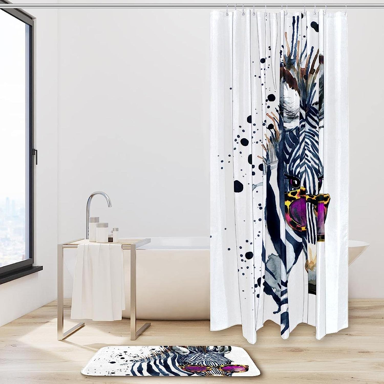 Glasses Zebra Watercolor Shower Curtain for Bathroom Decor