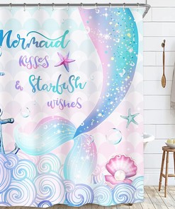 Glitter Cartoon Seascape Print Shower Curtain with Mermaid Tail Fish for Lovely Girl Bathroom Decor by Riyidecor