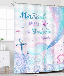 Glitter Cartoon Seascape Print Shower Curtain with Mermaid Tail Fish for Lovely Girl Bathroom Decor by Riyidecor