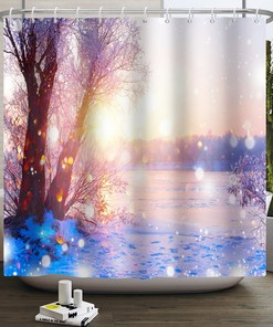 Glittering Bokeh Snow Shower Curtain with Christmas Tree Motif