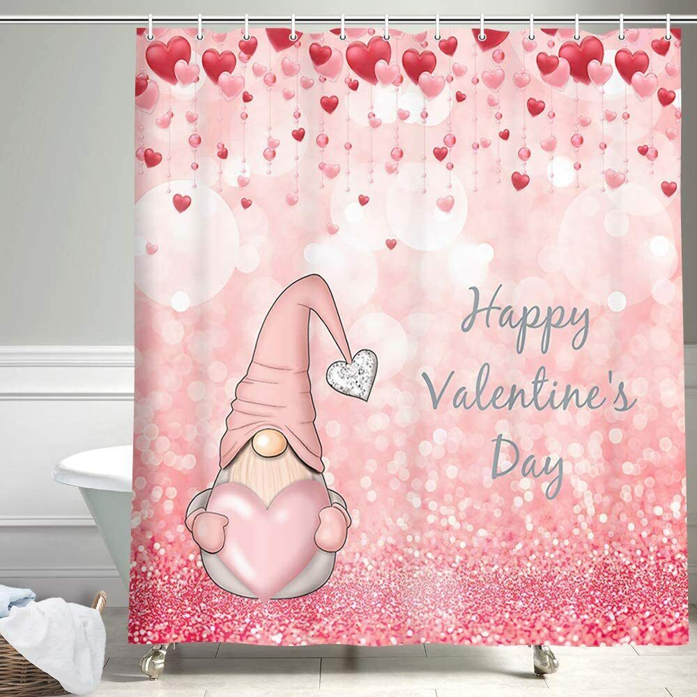 Glittering Gnome in Falling Romantic Red Hearts Shower Curtain, Highly Durable and Waterproof for Your Bathroom Decor