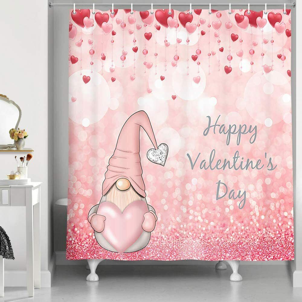 Glittering Gnome in Falling Romantic Red Hearts Shower Curtain, Highly Durable and Waterproof for Your Bathroom Decor